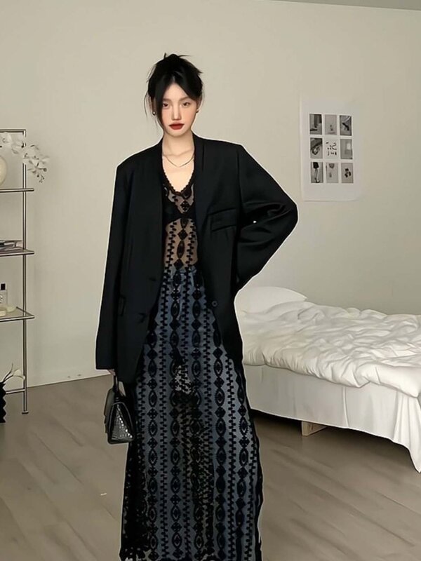 HOUZHOU-Vestido largo de encaje sin mangas para mujer, prenda Sexy Vintage, transparente, malla, color negro, para playa, Y2k