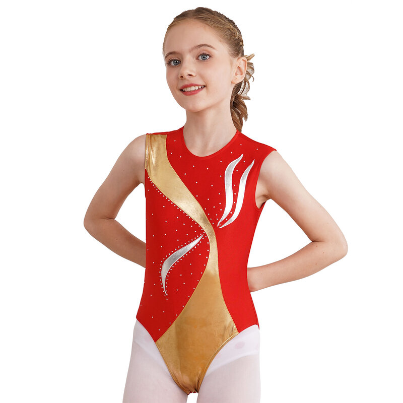 Strasy dla dziewczynek dziecko gimnastyczny trykot balet Jersey Biketard body siatka bez rękawów metaliczny kombinezon artystyczny łyżwiarstwo figurowe