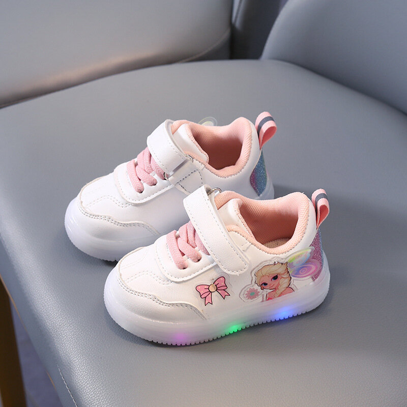 Sepatu Princess anak perempuan bayi cantik, sepatu tenis anak perempuan bayi cantik kartun, sepatu Sneakers bercahaya LED