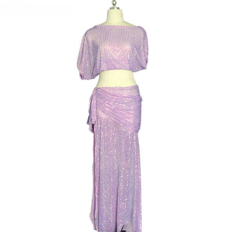 فستان مخصص للرقص الشرقي للنساء ، قمة قصيرة الأكمام ، تنورة طويلة بلينغ بلينغ ملابس الرقص الشرقي ، 2-زي أداء