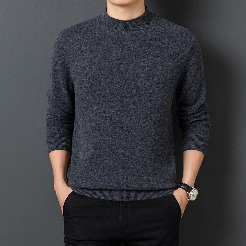2023 Autumn and Winter New Sweater Men's Half High Neck and O-Neck Warm Thickened Bottom Top Solid Simple Daily Casual Pullover