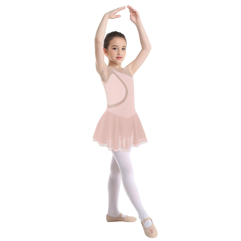 Figure Skating Dress for Kids Girls Performance Costumes Rhinestone Mesh Splice Ballet Dance Dresses Gymnastics Leotards
