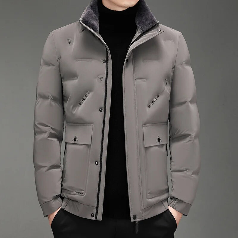 High-end Quality White Duck Down Jacket Men Winter Coat Fur Collar Zip Long Sleeve Business Casual Puffer Windproof Pocket
