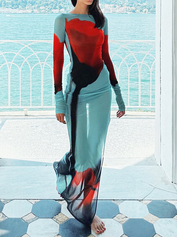 Женское длинное платье с цветочным принтом, прозрачное Сетчатое облегающее платье с высоким разрезом, летнее пляжное платье-накидка