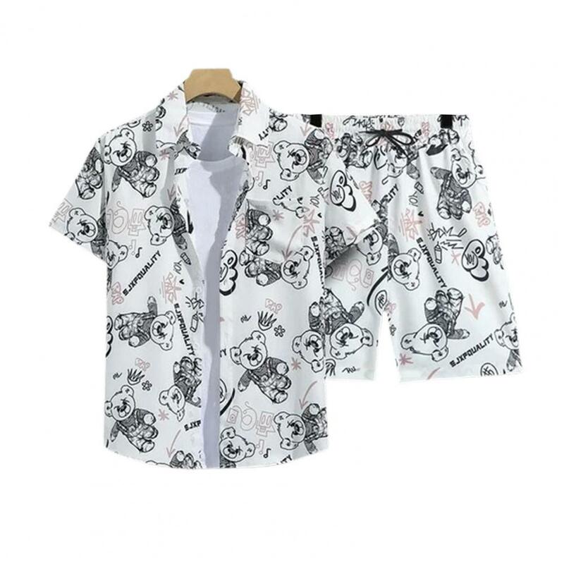 Hawaii Style Casual Outfit Lapel Short Sleeve Single Breasted Shirt Tops Elastic Drawstring Waist Wide Leg Beach Shorts Set