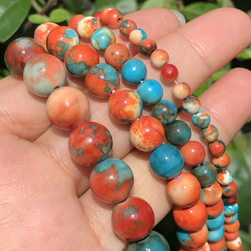 Natural Stone Orange Rainbow Rain Flower Jaspers Round Loose Beads for Jewelry Making DIY Woman Bracelet Necklace 4/6/8/10/12mm
