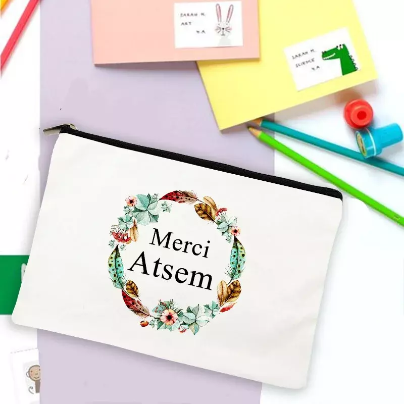 ที่ดีที่สุด Atsem ของขวัญ Merci Atsem ภาษาฝรั่งเศสคำพิมพ์ดินสอโรงเรียนเครื่องเขียนกระเป๋าเก็บอุปกรณ์อาบน้ำท่องเที่ยวแต่งหน้ากระเป๋า