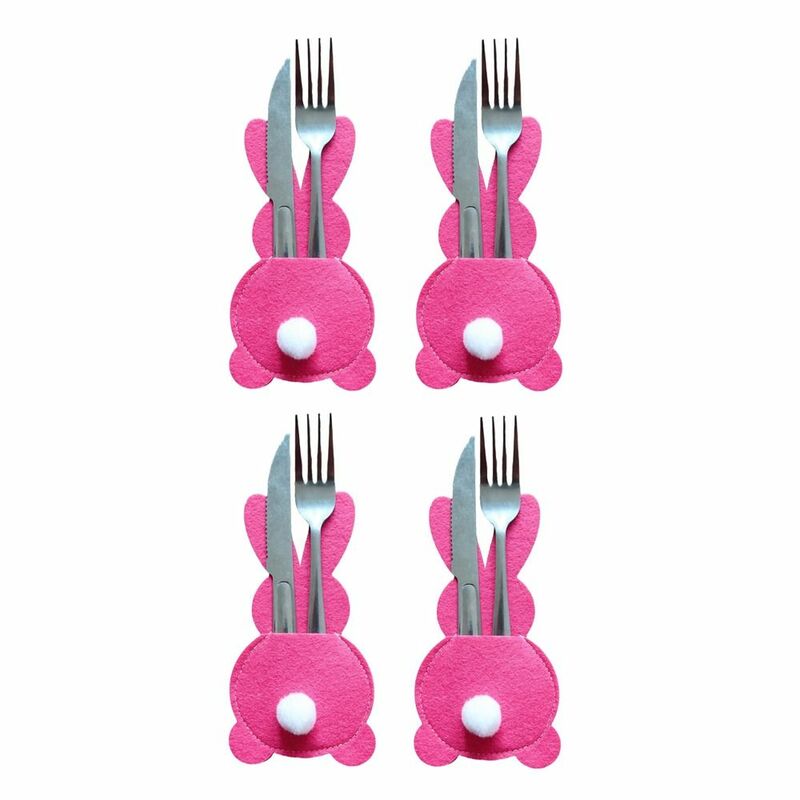 4Pcs Rabbit Cutlery Bag with Tail Cutlery Holder Easter Bunny Cutlery Cover Tableware Organizer Easter Party Table Decoration