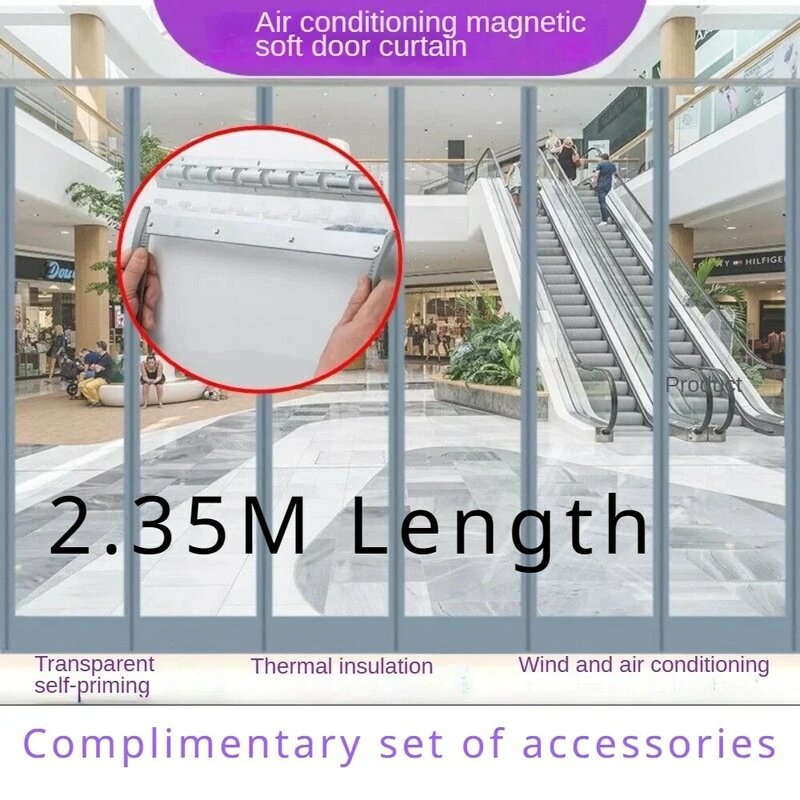 Cortina de puerta suave autocebante magnética de PVC, transparente, a prueba de viento y cálida, para centros comerciales domésticos, 2,35 M de longitud