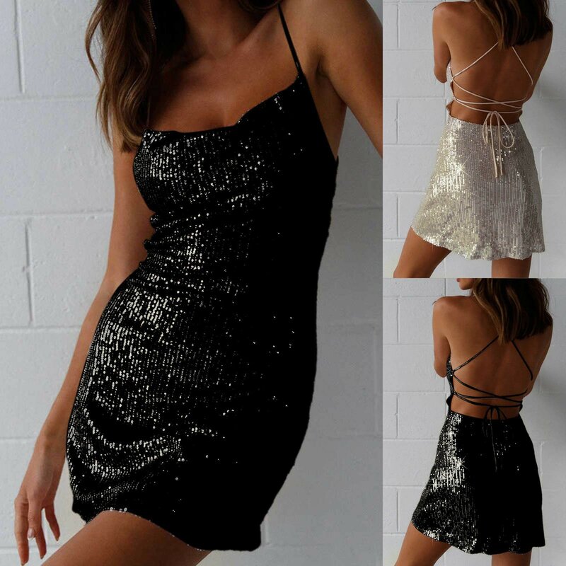Women's Cocktail Dress Solid Glitter Sparkly Sequin Spaghetti Strap Nightclub Clubwear Formal Cocktail Party Evening Dress