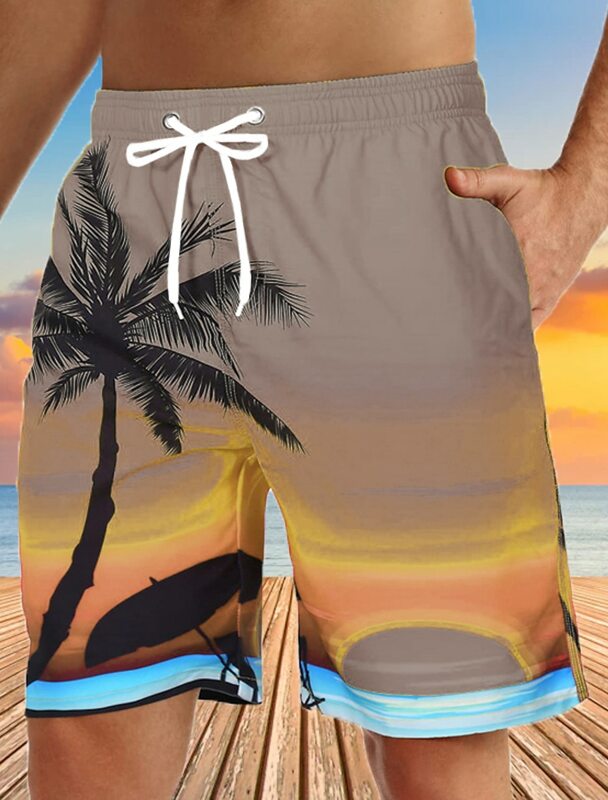 Celana pendek papan pria celana pendek Bermuda celana pendek pantai celana pendek serut 3D grafis motif Pohon kelapa bernapas cepat kering pendek