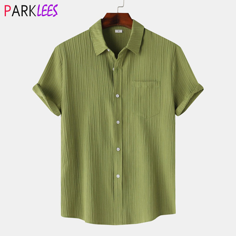 メンズ半袖ボタンダウンビーチシャツ,緑のコットンとリネンのシャツ,カジュアル,通気性,休暇用,トレンド2024
