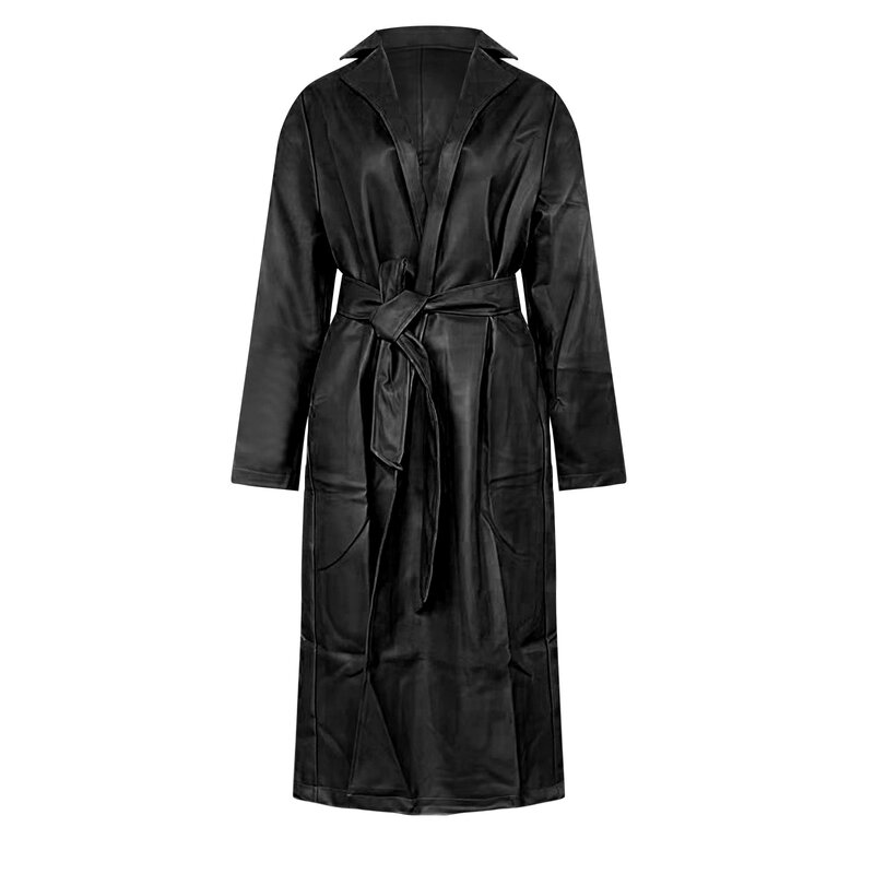 Casaco longo de couro PU feminino, moda retrô, jaqueta fina, solta, monocromática, nova, outono