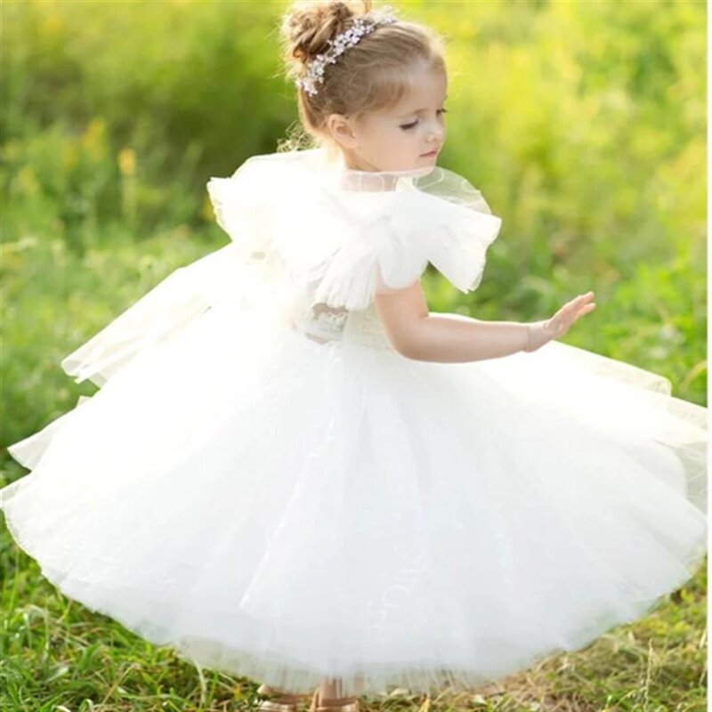 Vestido de tul blanco de flores hinchadas para niña, vestido de fiesta de cumpleaños, baile de graduación, Princesa de Ángel encantador, apliques de boda