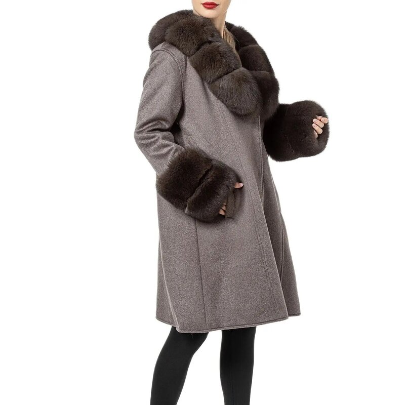 معطف فرو الثعلب الحقيقي مع طوق للنساء ، ملابس خارجية طويلة ، 100% صوف ، شتاء ، 210903