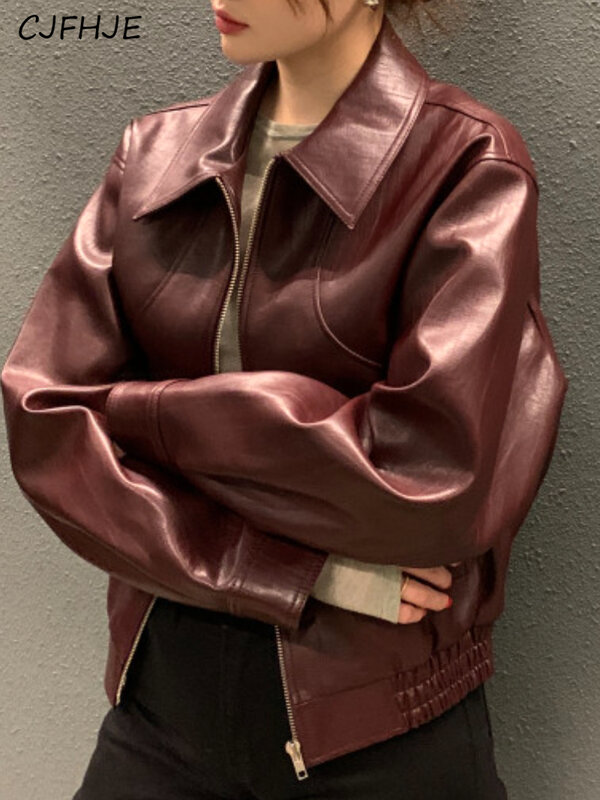 CJFHJE 패션 트렌치 가죽 재킷, 여성용 스트리트웨어, 모토 바이커 지퍼 가죽 재킷, 캐주얼 하이 스트리트 크롭 가죽 코트