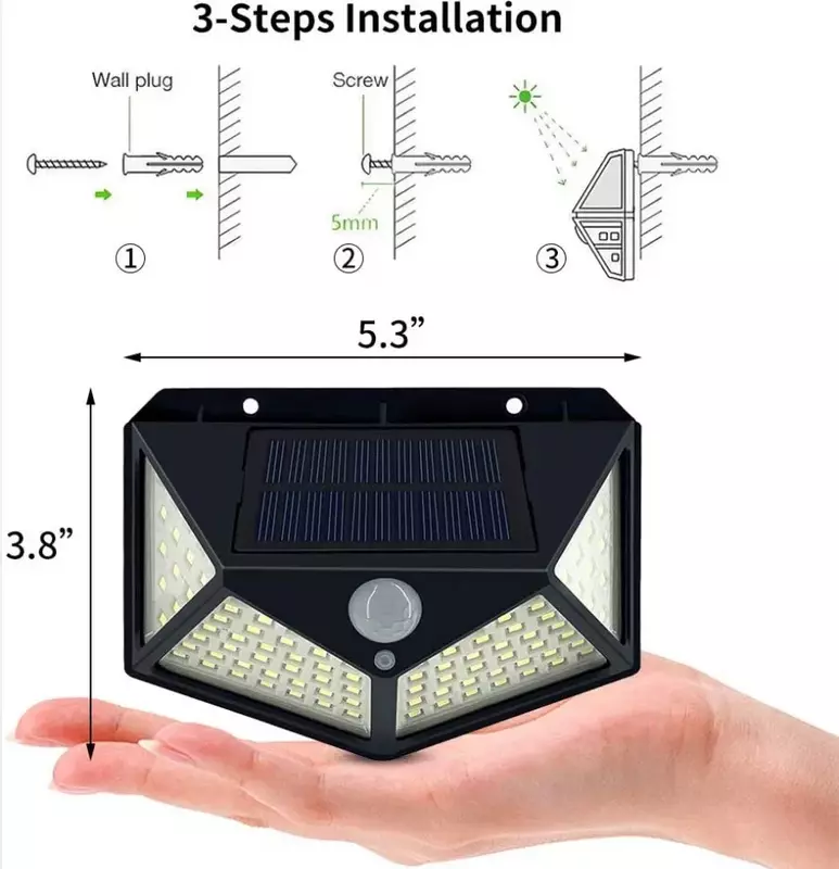 Outdoor LED Solar Wall Lights com sensor de movimento PIR, Powered Sunlight Spotlight, Street Light para jardim, 100 LEDs