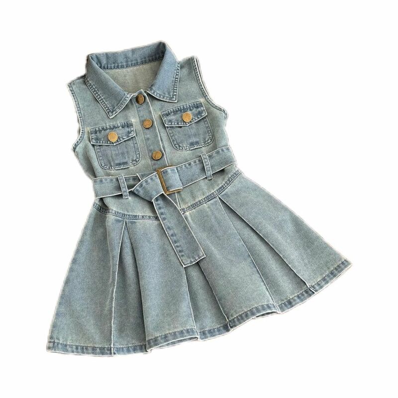 Платье для девочек, Новинка лета, корейский детский топ без рукавов, летняя джинсовая юбка в западном стиле принцессы, приталенная