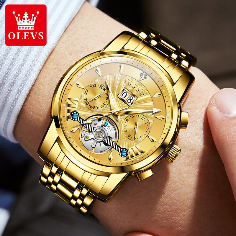 OLEVS-Reloj de pulsera para hombre, cronógrafo mecánico totalmente automático con correa de acero inoxidable, color dorado, marca de lujo, Original