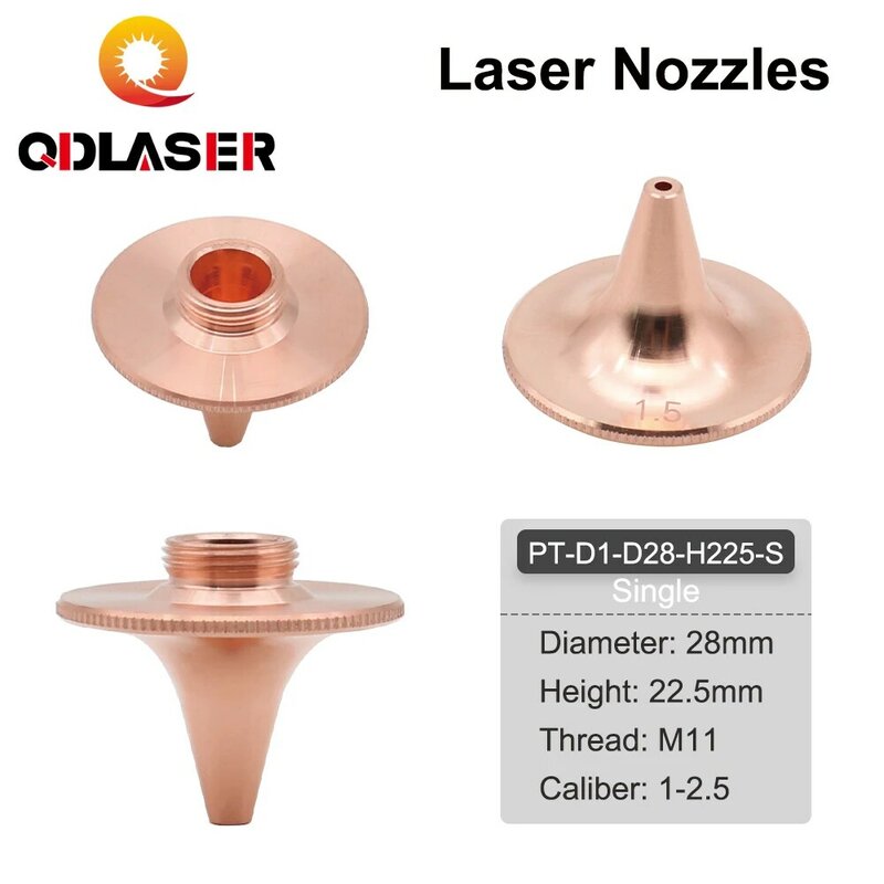 QDLASER nosel Laser, nosel Laser lapisan tunggal tipe D, Dia.28mm kaliber 1.5/2.0 benang tinggi 22.5mm M11 untuk OEM Precitec kepala Laser serat