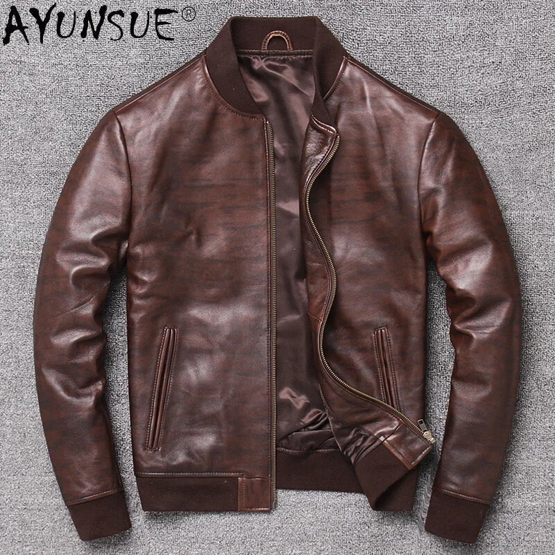 Jaqueta de couro verdadeira masculina, casaco vintage de motocicleta, casacos genuínos de pele de carneiro, roupas masculinas, casual, WPY3684