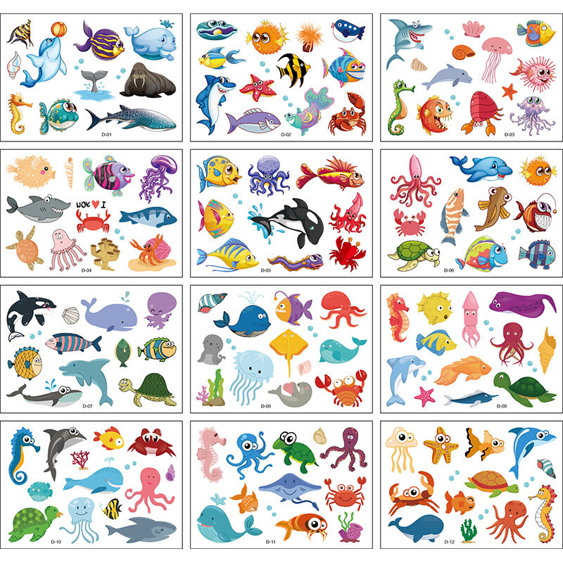 Pegatinas de tatuaje de dibujos animados de mundo submarino para niños, lindo 3D, Animal marino, regalo de fiesta, pegatinas temporales, 12