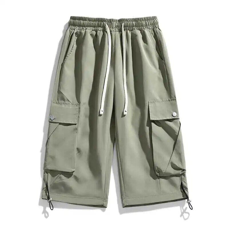 Fashion Loose Elastic Waist Spliced Pockets All-match Bandage Cargo Pants Men's 2024 Spring Summer New Solid Color Casual Pants
