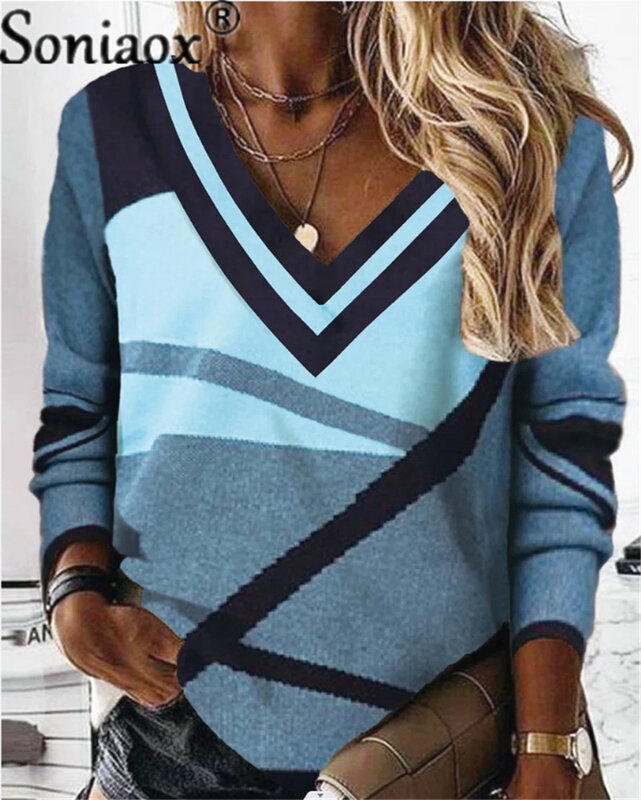 Atasan Sweter Bertudung Gambar Blok Warna Geometris Mode Pakaian Jalanan Elegan Musim Gugur Wanita Hoodie Antik Leher V Longgar Kasual