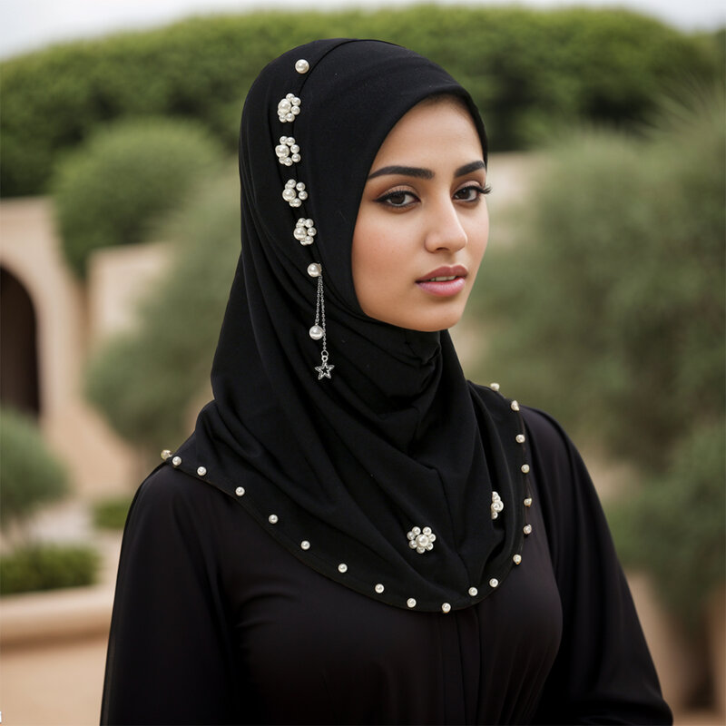 Women Instant Hijab Muslim Inner Hijab Caps Plain Elastic Underscarf Fashion Pearls With Butterfly Elegant Style Turban