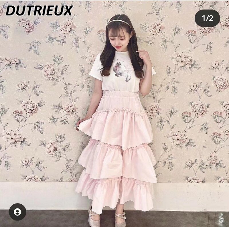 Rok Lolita gaya Jepang untuk wanita 2024 rok lipit ruffle peri berlapis baru musim panas rok panjang merah muda manis wanita Faldas