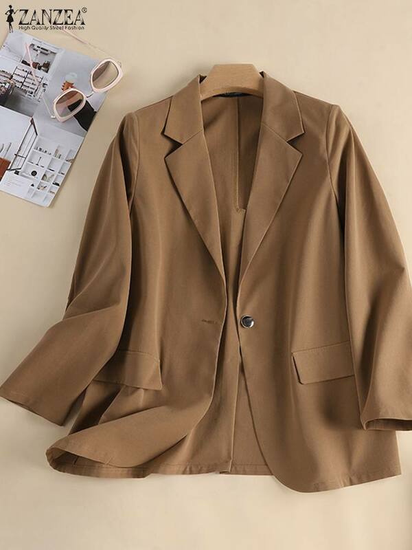 Осенняя верхняя одежда, модный однотонный Блейзер ZANZEA, элегантная женская офисная блузка, повседневные Костюмы на пуговицах с длинным рукавом, пальто с воротником с лацканами, рубашка