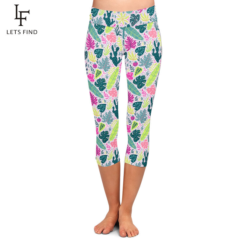 LETSFIND-mallas Capri de cintura alta para mujer, pantalones elásticos con estampado 3D de seda de leche, patrón de selva Tropical salvaje, Fitness