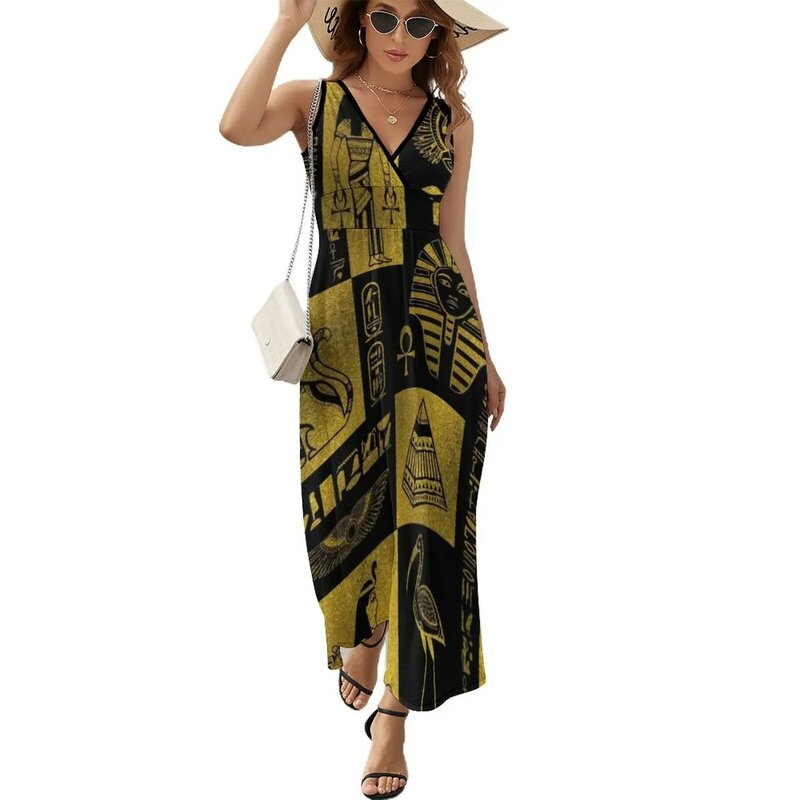 EgyptianGold hieroglyphs and symbols collage Sleeveless Dress dresses for woman 2023 Woman clothing