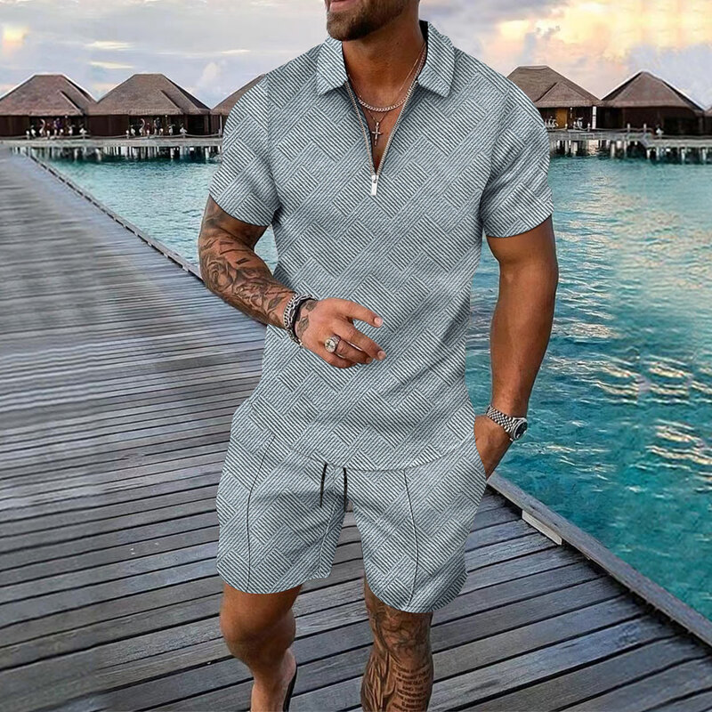 Camisa polo casual de manga curta masculina com shorts, conjunto Jacquard sólido, moda com zíper, verão, novo, conjunto de 2 peças