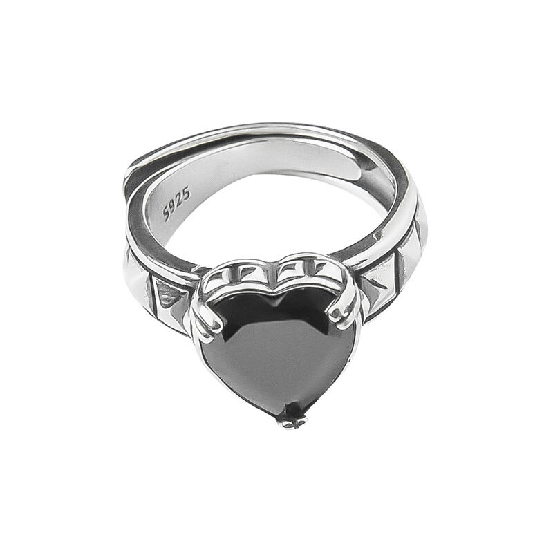 100% sólido 925 prata esterlina coração preto pedra anéis para as mulheres retro vintage geométrico retro anillos presentes de festa acessórios