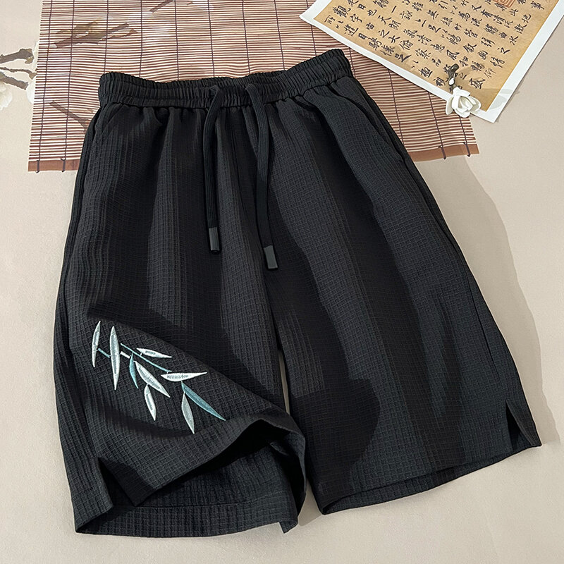 Pantalones cortos de calle para hombre, ropa de calle informal, Vintage, holgada, de retazos, de cintura alta, con cordón, 2024