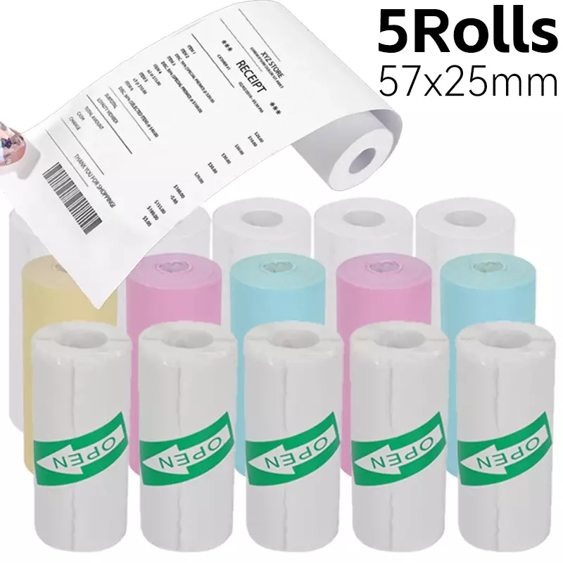 Papéis de impressora térmica auto-adesivos, etiqueta colorida HD, mini impressora de estudo de estudante sem tinta, 57x25mm, 5-1 Rolls-1 Rolls
