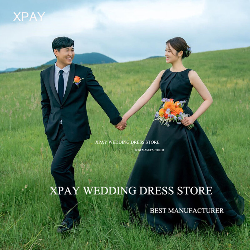 XPAY Black O Neck Taffeta Long Prom Dresses Korea Lady Sleeveless Evening Gowns Photos Shoot Bride Garden Formal Party Dress