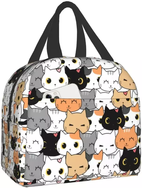 귀여운 고양이 프린트 도시락 가방, 여성용 휴대용 도시락 가방, 넓은 칸막이, 손잡이 내장, 소년 소녀용