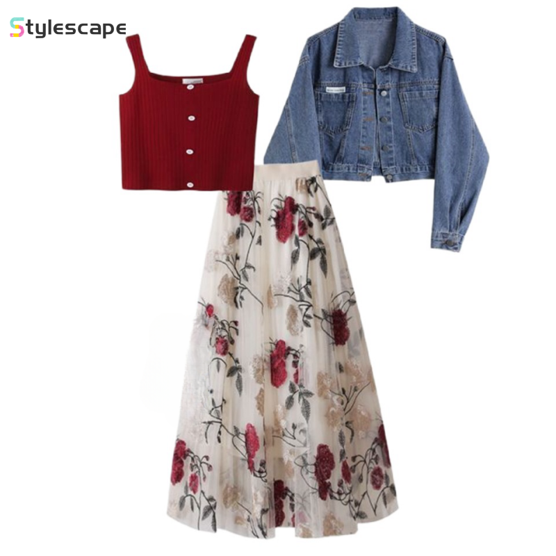 2024 New Spring Wear Loose and Fashionable Denim Jacket for Slimming and Versatile Half Skirt Three Piece Set for Woman