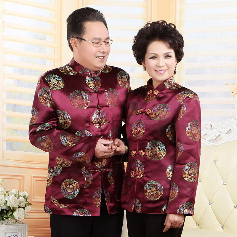 Mandarinen kragen Tang Kleidung Vintage Button Down Jacke Hemd im chinesischen Stil Jacquard Satin Langarm Top Geburtstags kleidung
