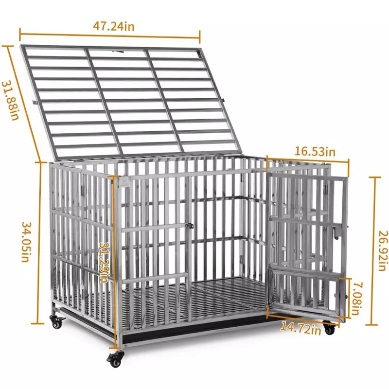 RyBuy-jaula apilable de acero inoxidable para perros grandes, jaula de Perrera de alta resistencia para mascotas, con bandeja en la puerta, plegable, portátil, 48"