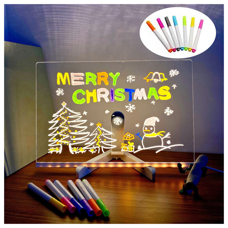Tablero de mensajes de letras LED borrable, pizarra de escritorio de Colores acrílicos luminosos, tablero de escritura con siete bolígrafos de colores