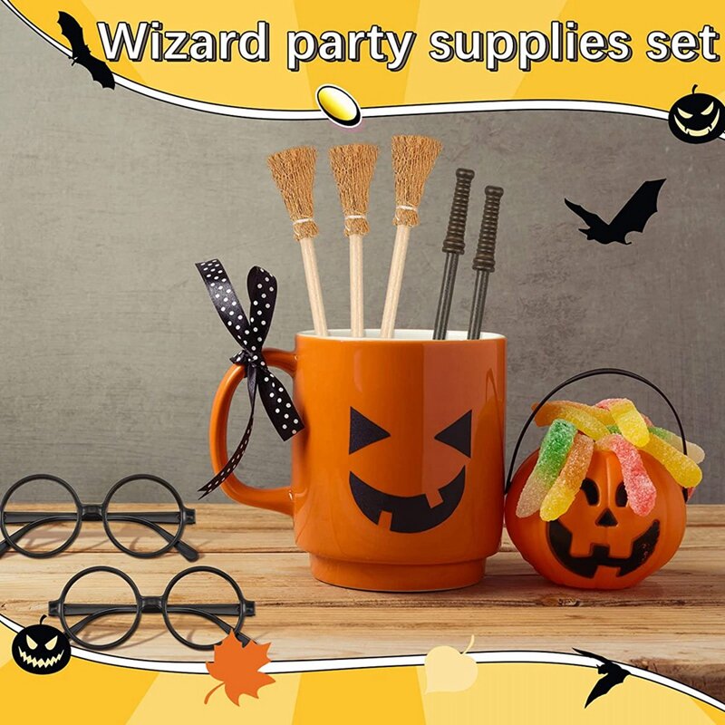 48 Pcs Witch Broom Pencil And Wands Pencils And Glasses With Round Frame No Lenses, Wizard Wands Theme Party Supplies