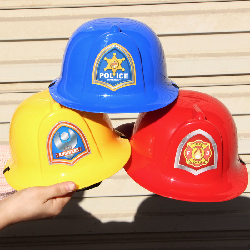 Topi pemadam kebakaran anak laki-laki, Cosplay Halloween, helm plastik, properti peran pesta, topi insinyur polisi