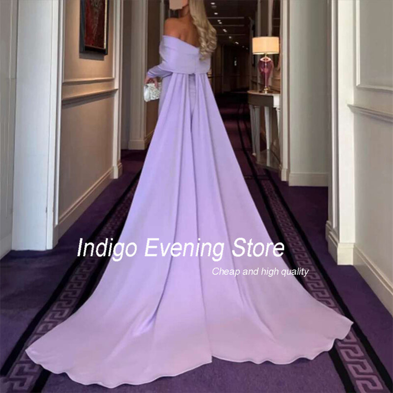 Платье для выпускного вечера цвета индиго, платье с открытыми плечами и длинным рукавом в пол, атласное элегантное вечернее платье для женщин со шлейфом
