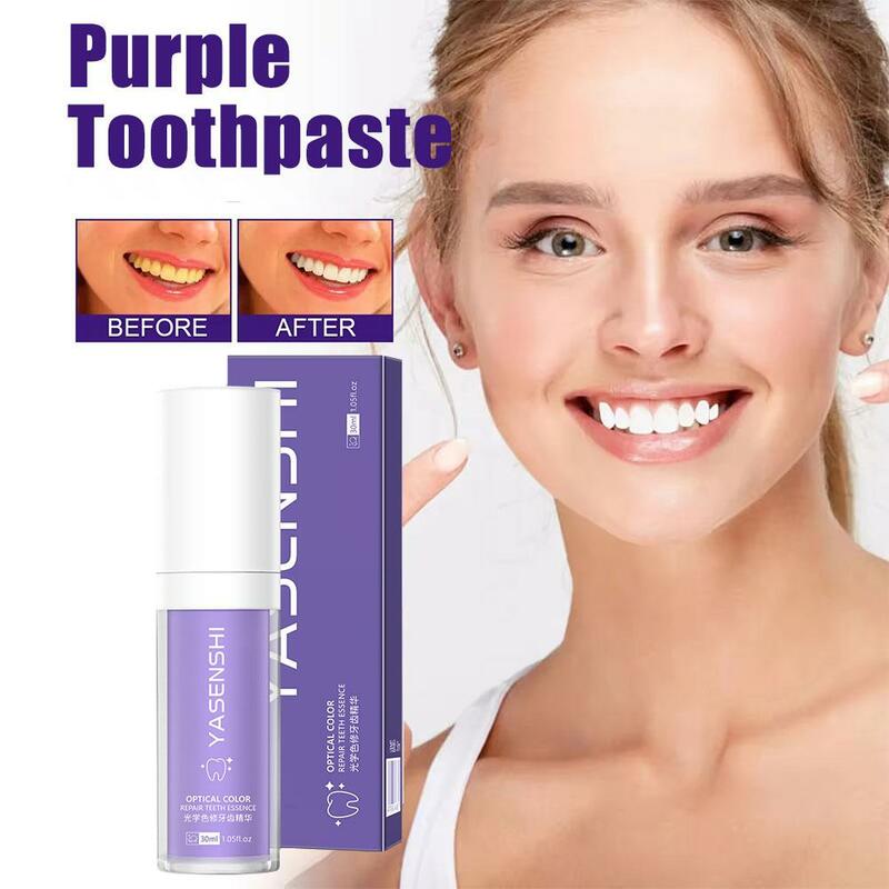 Pasta de dientes blanqueadora púrpura V34, 30ml, elimina las manchas, Reduce el color amarillo, cuidado de las encías dentales, aliento, brillo de los dientes, A9c0