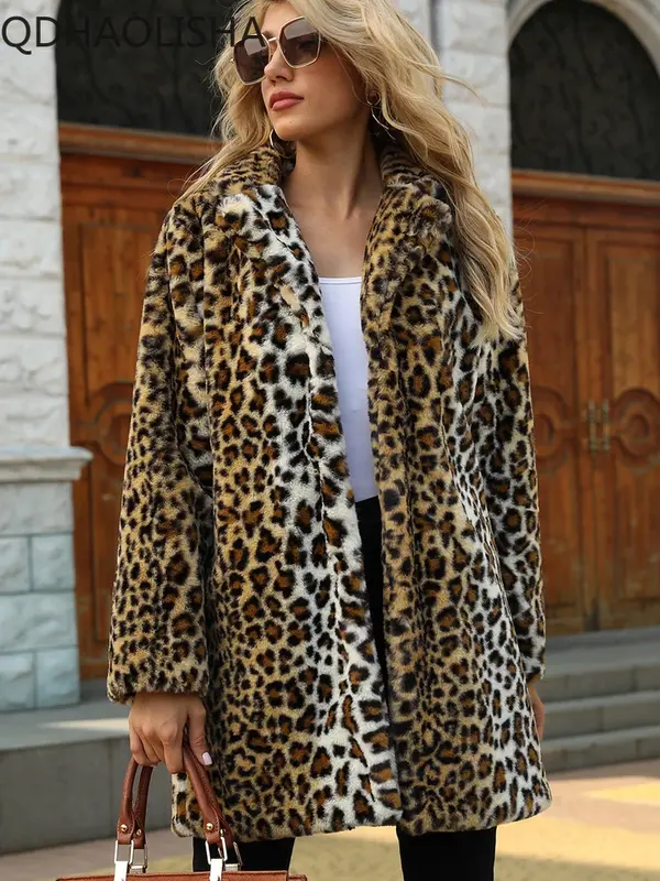 Casaco de pele imitação feminina, padrão leopardo, gola de terno, comprimento médio, roupas top, moda, outono e inverno, 2023