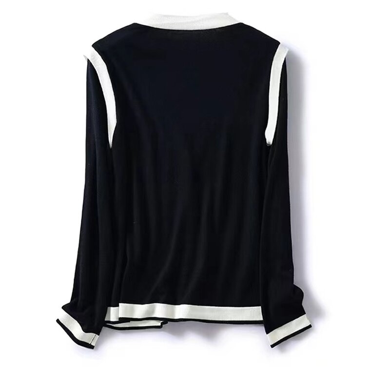Spring and Autumn PerFemale Knit Cardigan Wool V-neck Jumper Top Single Breasted Simple Slim Women White Black Patchwork Sweater