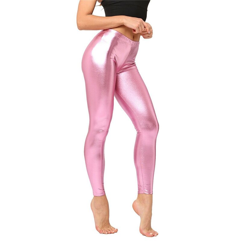 Leggings en cuir brillant couleur bonbon pour femme, pantalon de survêtement avec poches, leggings métalliques, 216.239.